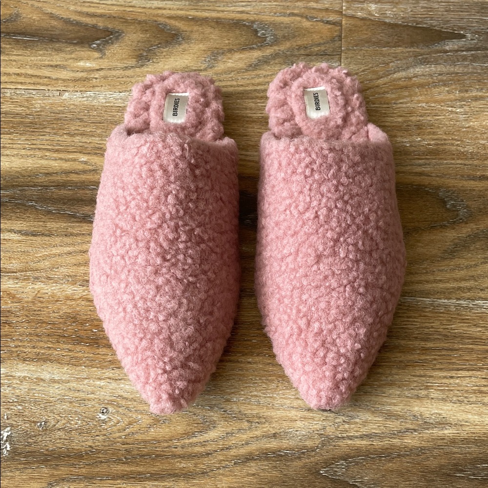 Birdies The Lark Faux Shearling Slip On Mules Slides in Pink Blush NWOT